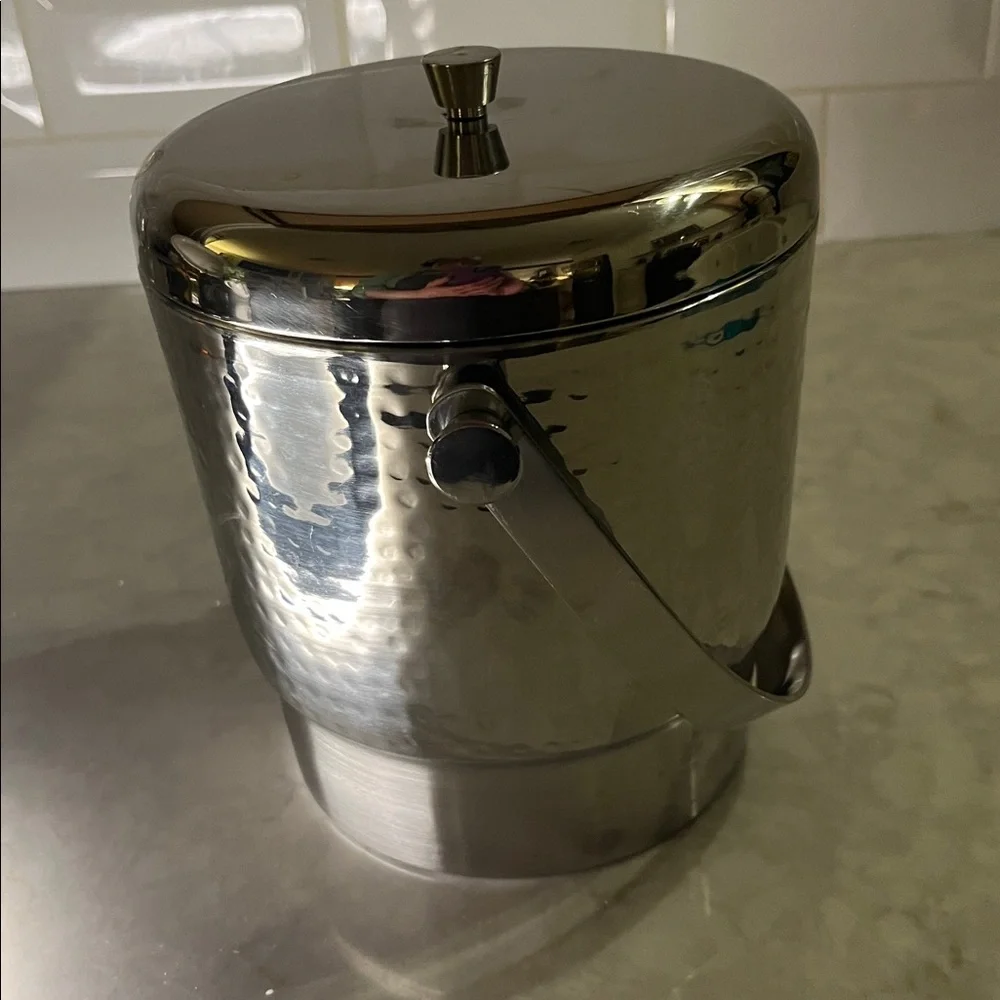 Vintage hammered Stainless Steel ice bucket with lid.